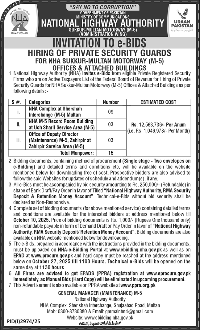 National Highway Authority Islamabad Tender Notice